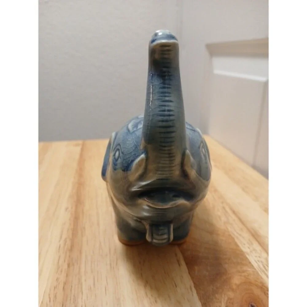 Baan Celadon Blue Elephant Crackle Glaze 6" x 5" Ornate Ceramic Thailand - Picture 16 of 16